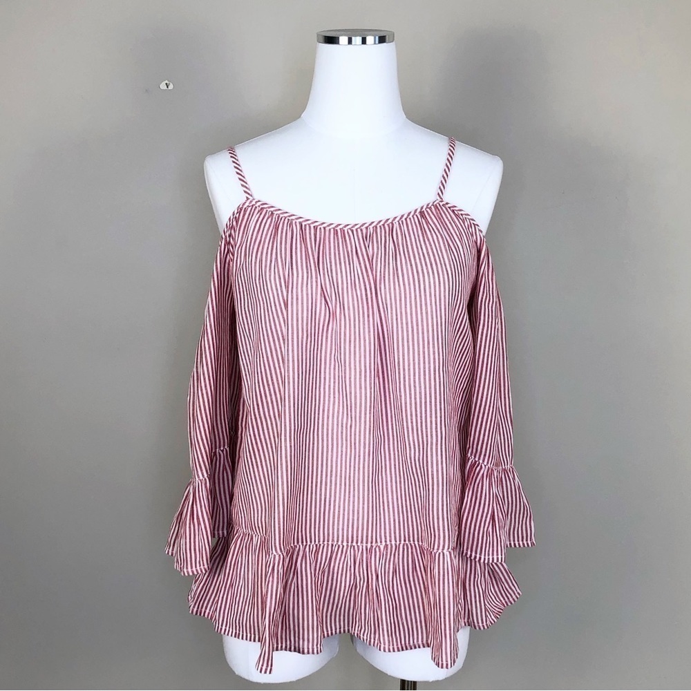 Beach Lunch Lounge red & white stripe cold shoulder ruffle hem XS